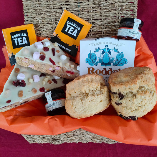 Small Christmas variety hamper with festive white chocolate tiffin