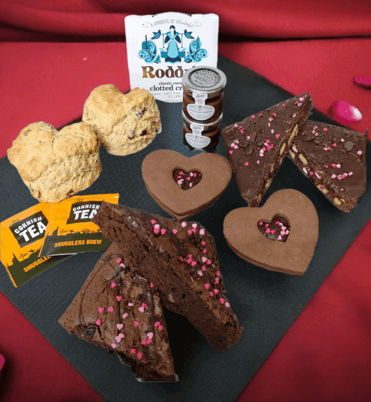valentines sharing box - chocolate Cornish cream tea, brownies, tiffin and chocolate biscuits. perfect gift for Valentines day