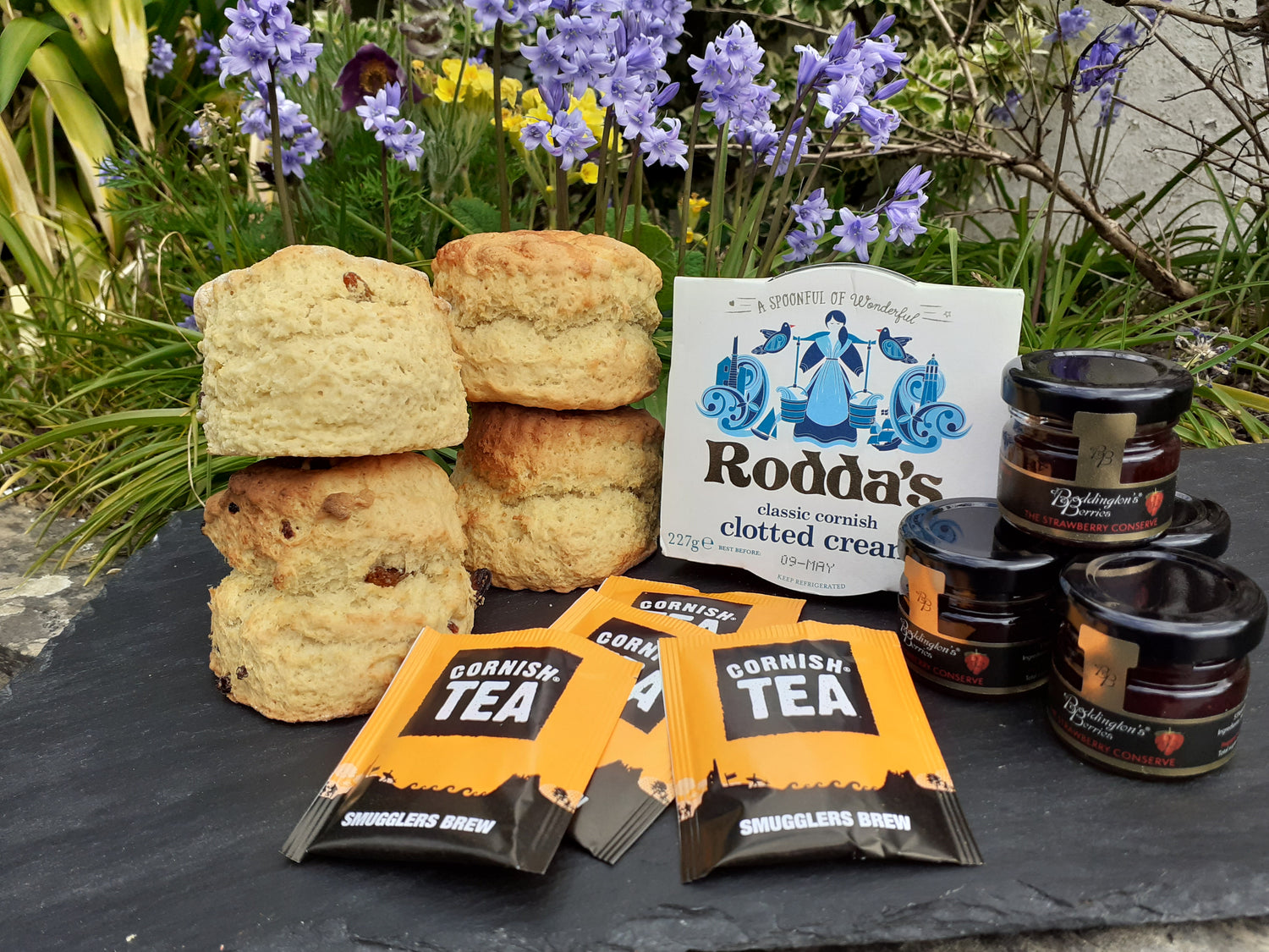 Cornish cream tea for two - delicious freshly baked scones, fruity jam and Rodda's clotted cream