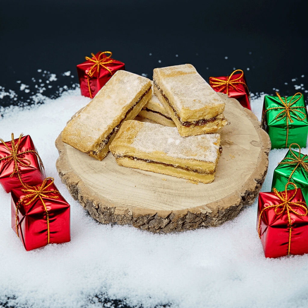Shortbread cookies on a wooden board with Christmas presents in the background