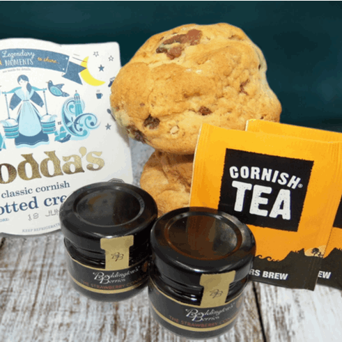 Gluten free scones with jam, Rodda's clotted cream and smugglers brew tea bags
