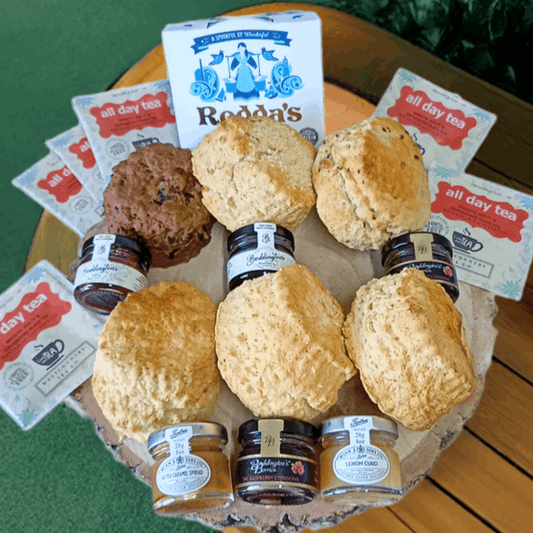 six different flavour freshly baked scones