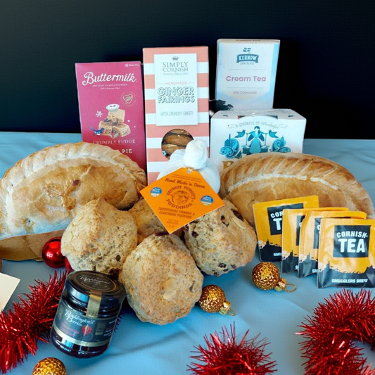 Christmas proper job for two, with our delicious Christmas cream tea, Christmas pasty's cream tea chocolate bar, box of fairings, box of fudge and a Christmas pud.