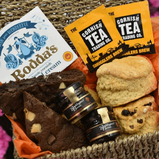 hamper with a cream tea and brownies