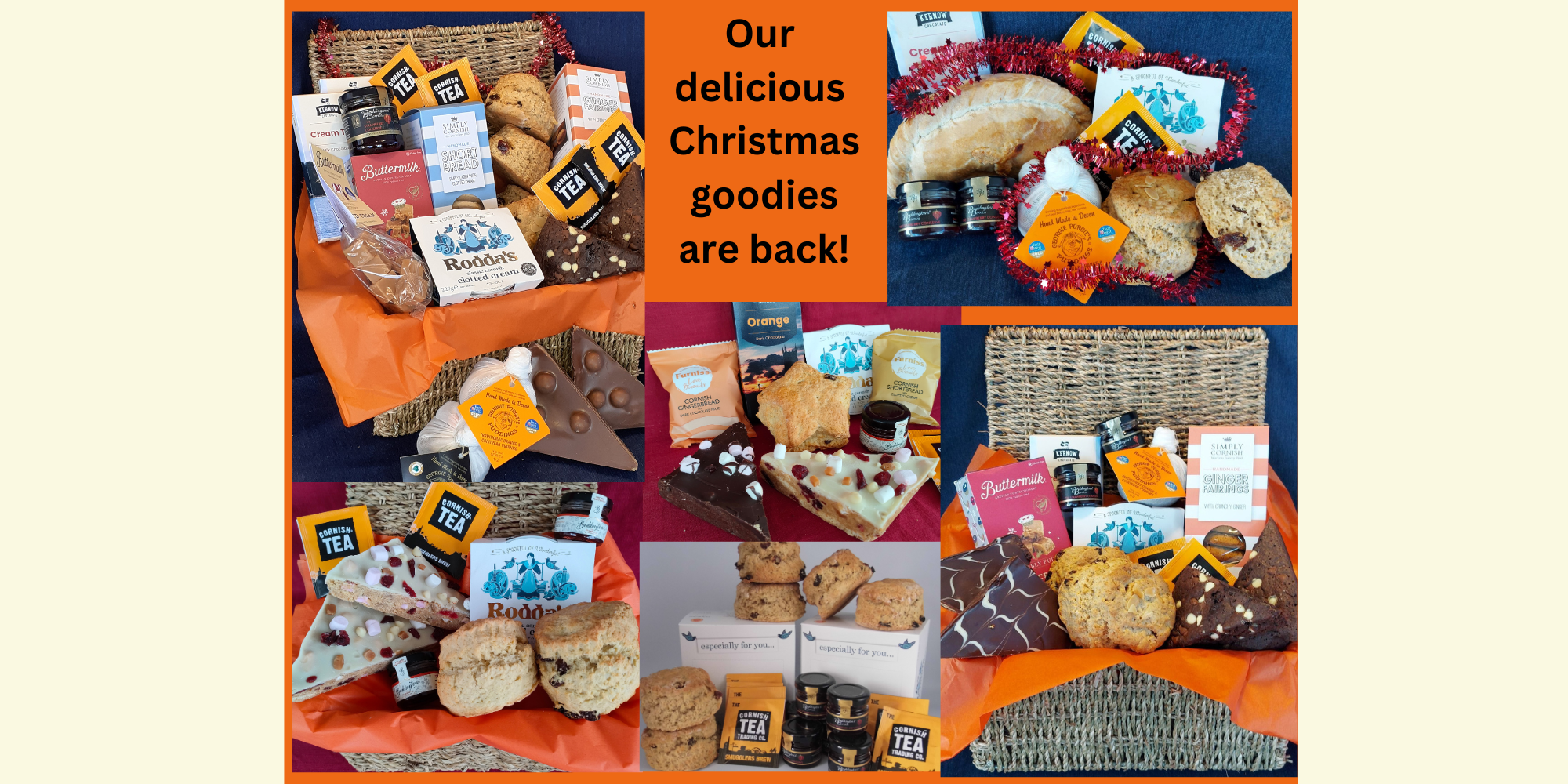 Collage of Christmas-themed food items with text 'Our delicious Christmas goodies are back!' on an orange background.