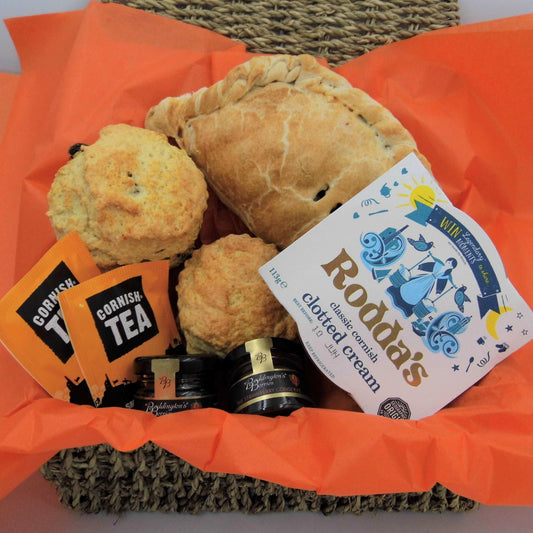 'Proper Job' hamper for one - Cornish cream tea for one with a Cornish pasty in a seagrass hamper basket