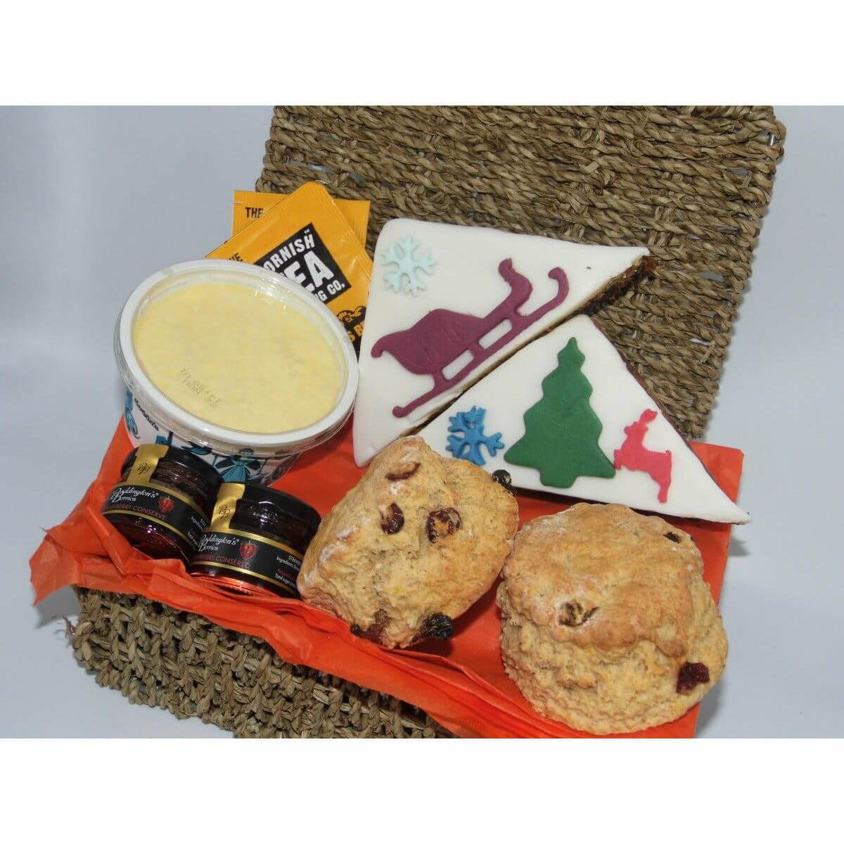 small Christmas variety hamper with our delicious Christmas cream tea for one and 2 pieces of Christmas cake