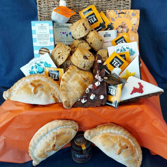 Christmas proper job for four hamper with our Christmas cream tea, Christmas pasty's, Christmas cake, Tiffin and other Cornish goodies
