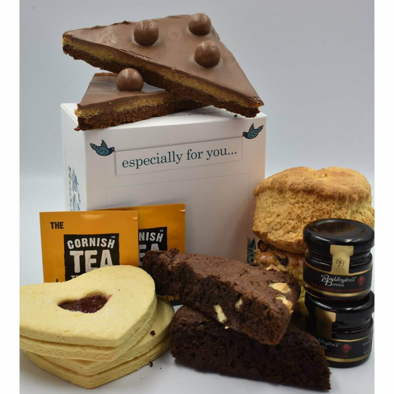 'Love You' Cream Tea variety box - with a Cornish cream tea, brownies, tiffin and Jammie dodgers