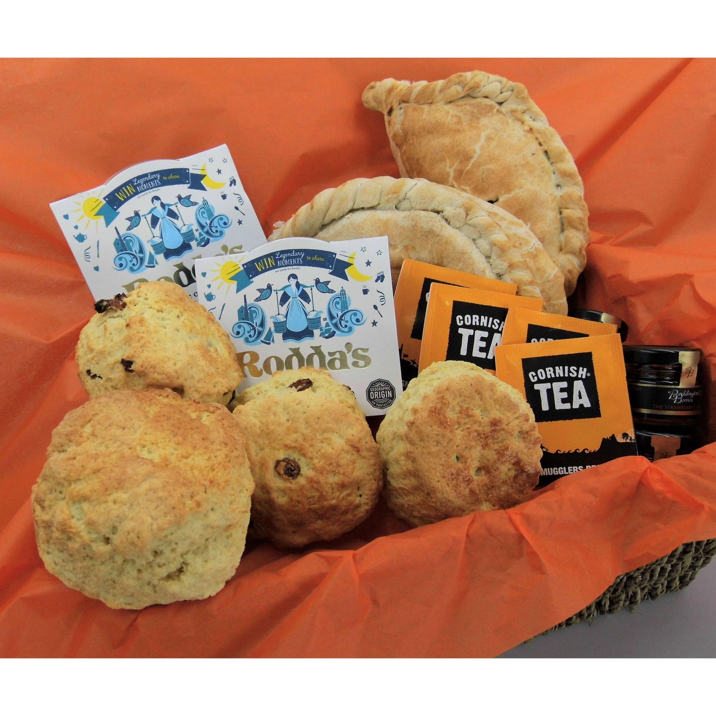 'Proper Job' hamper for two - Cornish cream tea for 2 with freshly baked scones and 2 Cornish pastys in a seagrass hamper basket