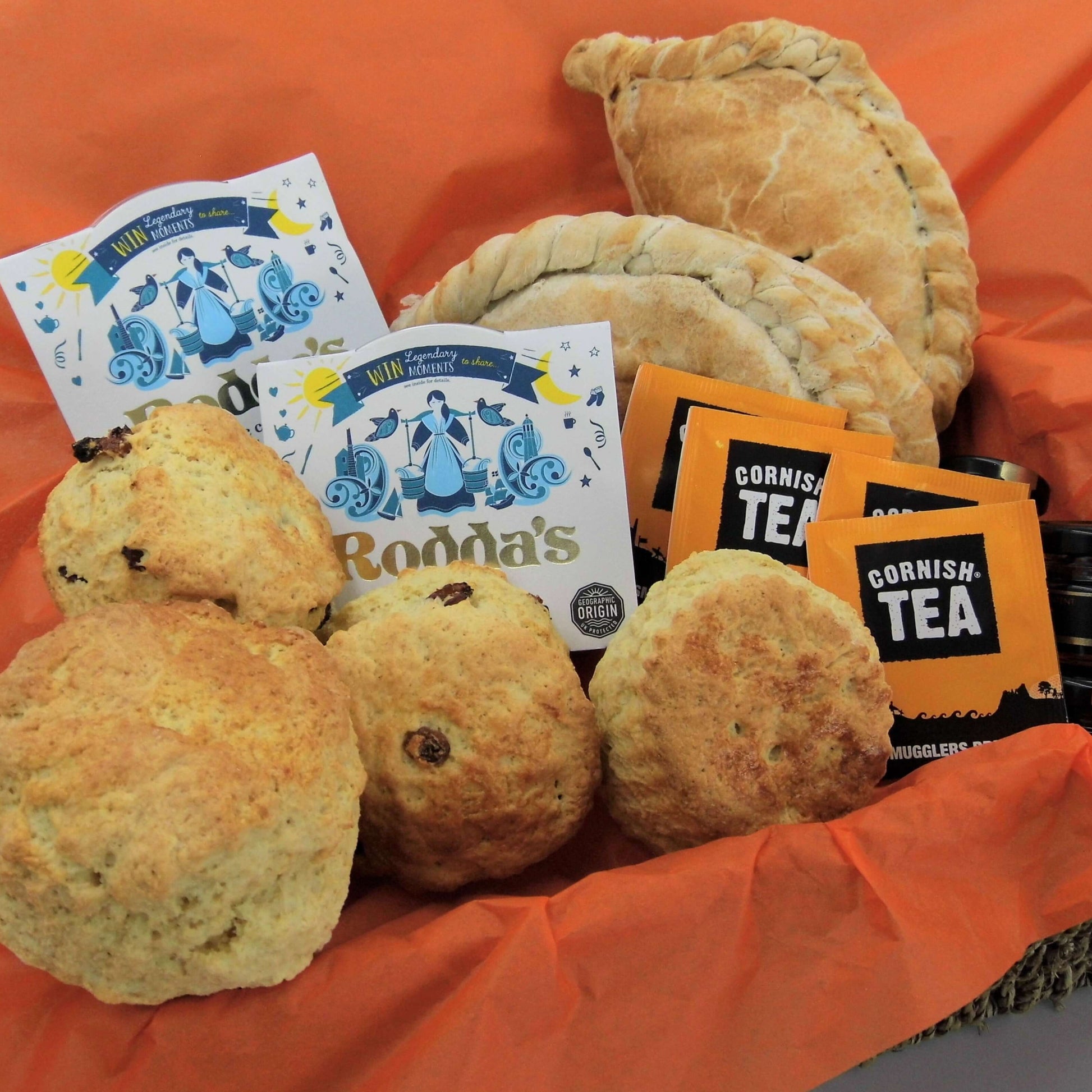 'Proper Job' hamper for two - Cornish cream tea for 2 with freshly baked scones and 2 Cornish pastys in a seagrass hamper basket